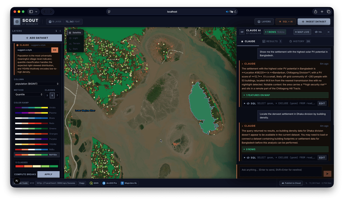 Scout: A Cloud-Native Geospatial Pipeline Powered by DuckDB, GeoParquet, PMTiles, STAC and AI
